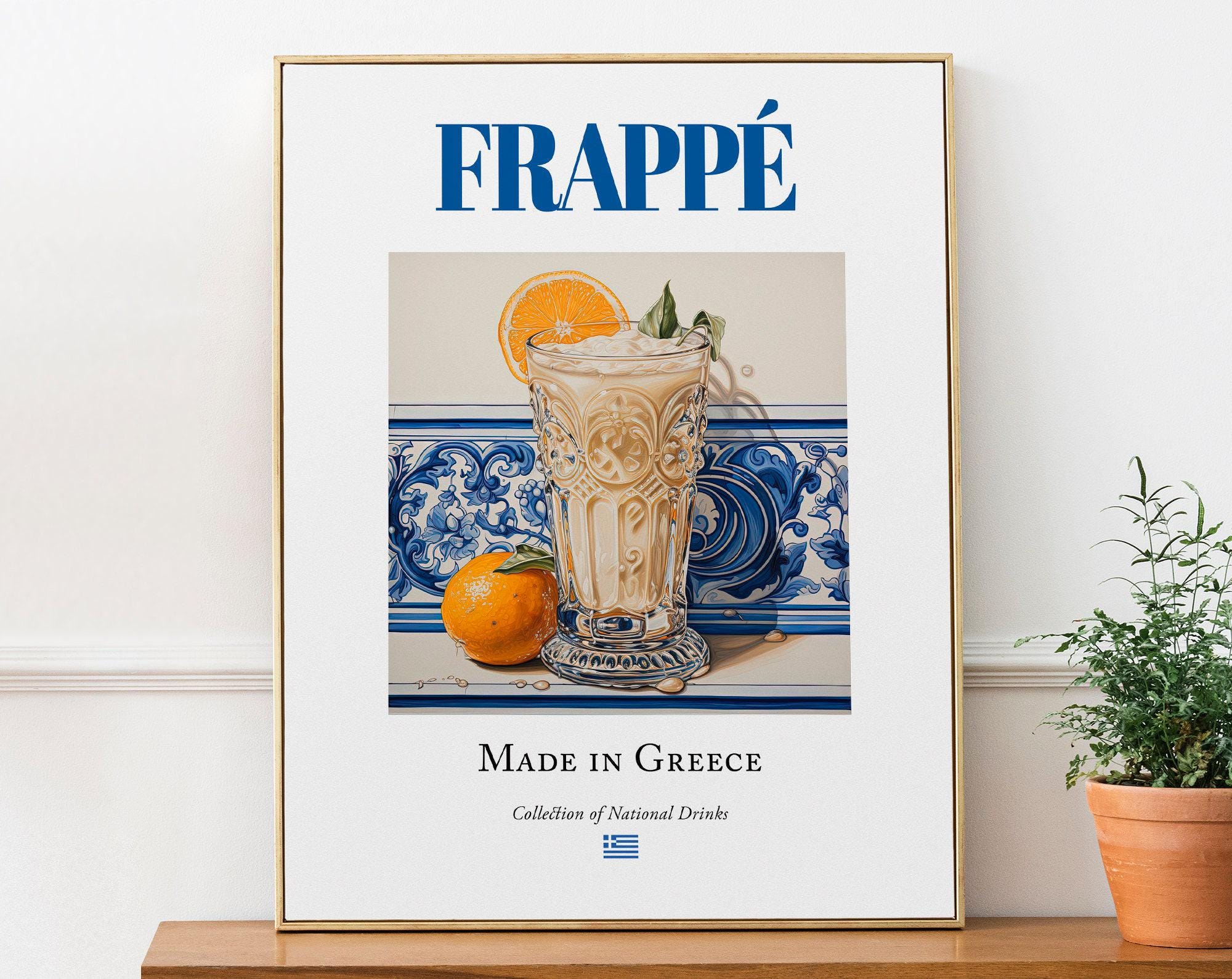 Frappe on Maiolica Tile, Traditional Greek Beverage (Drink) Print Poster, Kitchen and Bar Wall Art