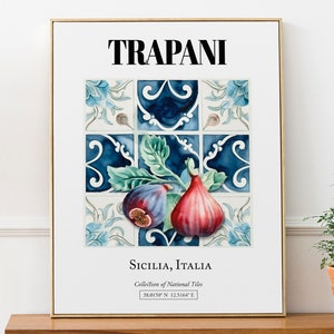 Trapani, Sicilia, Italia, motivo tradizionale di piastrelle con fico, poster decorativo da parete estetico