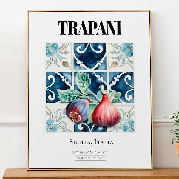 Trapani, Sicilia, Italy, Traditional Tile Pattern with Fig Aesthetic Wall Art Decor Print Poster