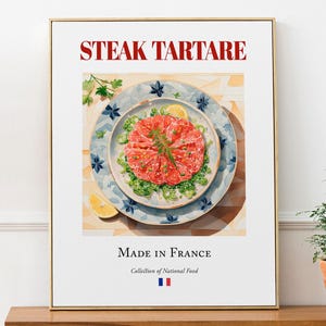 Steak Tartare on Maiolica tile plate, Traditional French Food Wall Art Print Poster, Kitchen and Café Decor, Foodie Gift