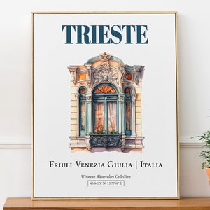 Triest (Friuli-Venezia Giulia, Italia) Reisedruck Poster, traditionelle Fenster Aquarell Illustration Wandkunst, Italien Liebhaber Geschenk