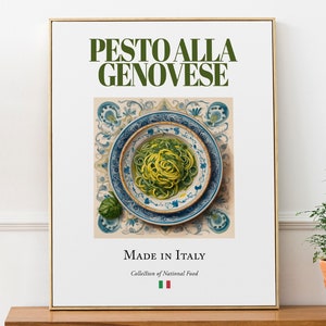 Pesto alla Genovese su piatto in maiolica, tradizionale cibo italiano, decorazione da parete, stampa poster, regalo per buongustai, cucina, bar/ristorante, arte murale