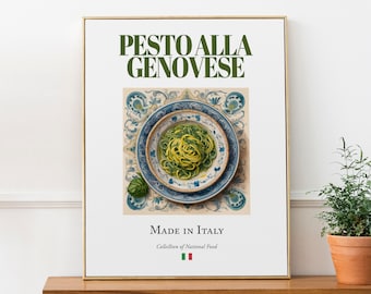 Pesto alla Genovese auf Maiolica Fliesenplatte, Traditionelles italienisches Essen Wand Dekor Print Poster Foodie Geschenk Küche Cafe / Restaurant Wandkunst