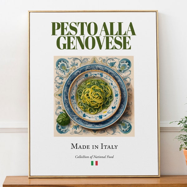 Pesto alla Genovese auf Maiolica Fliesenplatte, Traditionelles italienisches Essen Wand Dekor Print Poster Foodie Geschenk Küche Cafe / Restaurant Wandkunst