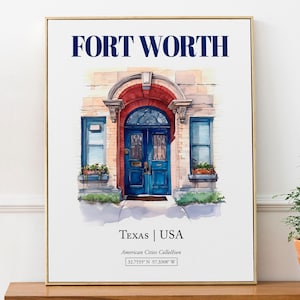 Impression de porte aquarelle Fort Worth Texas, art mural minimaliste