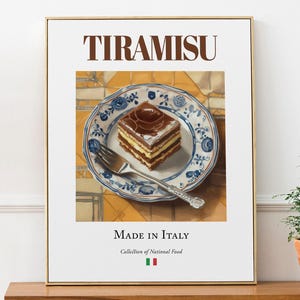 Tiramisu on Maiolica tile plate, Traditional Italian Food Wall Art Print Poster Foodie Gift Cafe Wall Art