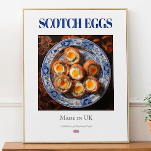 Scotch Eggs on Maiolica tile plate, Traditional English Food Wall Art Print Poster, Kitchen and Café Decor, Food Lover Gift