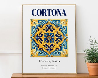 Cortona, Toscana, Italy, Aesthetic Folk Traditional Maiolica Tile, Wall Art Décor Print Poster, Bathroom Wall Art