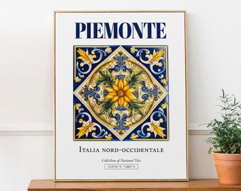 Piemonte (Piedmont), Italy, Aesthetic Minimalistic Traditional Maiolica Tile, Wall Art Décor Print Poster, Living Room Art