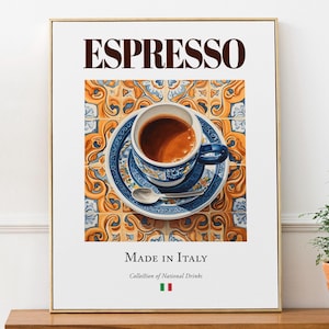 Espresso on Maiolica tile, Italian Traditional Beverage Print Poster, Kitchen and Bar Wall Art