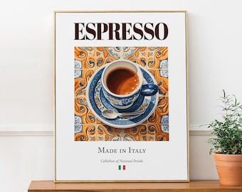 Espresso on Maiolica tile, Italian Traditional Beverage Print Poster, Kitchen and Bar Wall Art