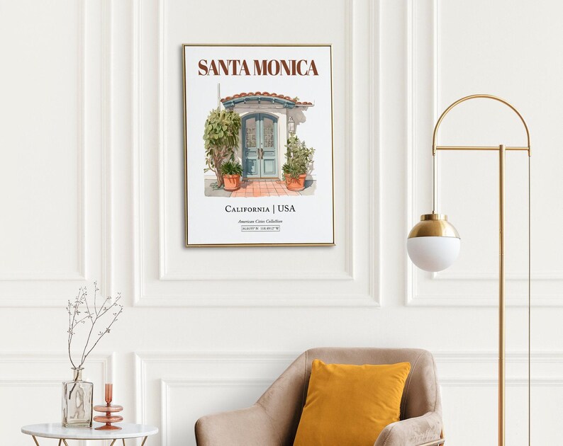 Santa Monica Watercolor Print, Minimalist Entrance Door Wall Art image 6