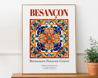 Besançon, Bourgogne-Franche-Comté, France, Aesthetic Folk Traditional Tile, Wall Art Décor Print Poster, Dorm Wall Decor