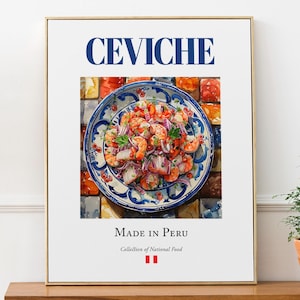 Póster con impresión de ceviche sobre baldosas de mayólica, plato peruano tradicional, arte mural para cocina y bar