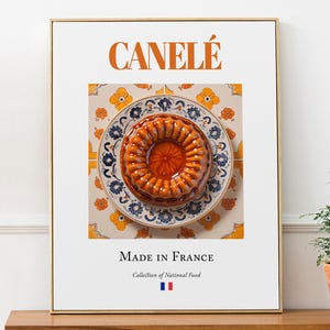 Canelé on Maiolica tile plate, Traditional French Food Wall Art Print Poster, Kitchen and Café Decor, Food Lover Gift