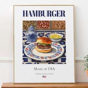 Hamburger on Maiolica tile plate, Traditional American Food Wall Decor Print Poster Foodie Gift Kitchen Wall Art