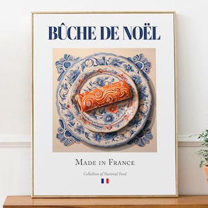 Bche de Noël op Maiolica-tegelplaat, traditioneel Frans eten Wall Art Print poster, keuken- en cafédecor, foodiecadeau