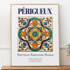 Périgueux, Nouvelle-Aquitaine, Frankrijk, esthetische folk traditionele tegel, muurkunst decor print poster, slaapkamer wanddecoratie