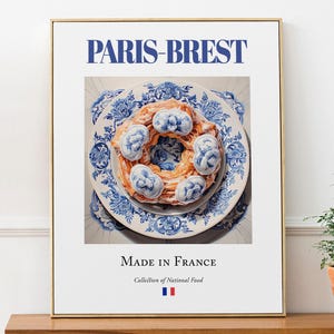 Paris-Brest on Maiolica tile plate, Traditional French Food Wall Art Print Poster, Kitchen and Café Decor, Foodie Gift