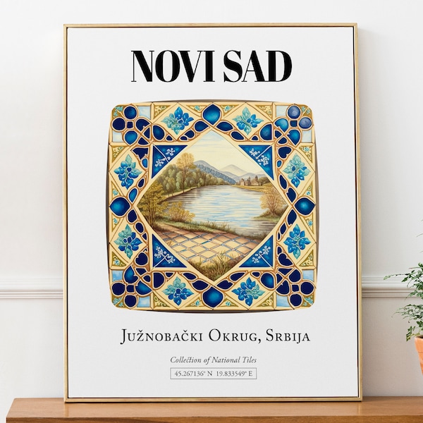 Novi Sad, Serbia, Traditional Tile with Danube River Landscape Aesthetic Wall Decor Print Poster