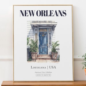 New Orleans, Louisiana, USA, Aesthetic Minimalistic Watercolor Door, Wall Art Print Poster, Living Room Art