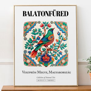 Balatonfüred, Ungheria, tradizionale motivo floreale con uccelli, stampa artistica da parete estetica