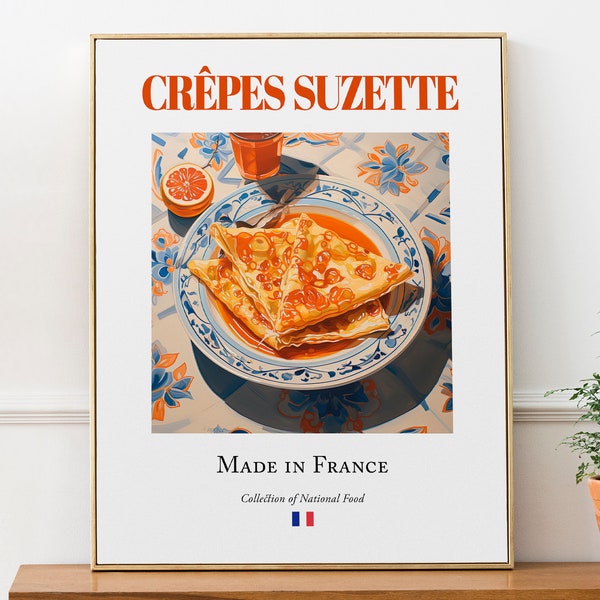 Crêpes Suzette sur plaque de carreaux de maiolica, affiche d'impression d'art mural de cuisine française traditionnelle, décor de cuisine et de café, cadeau gourmand