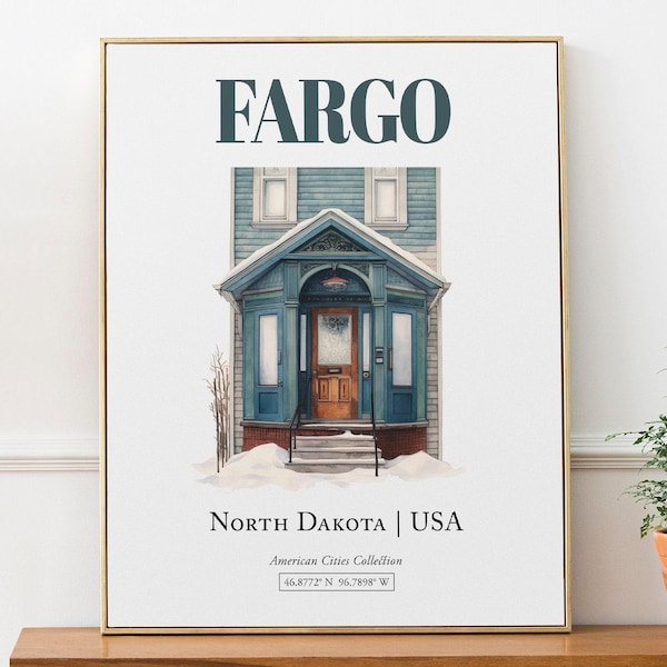 Impressão em aquarela de porta de Fargo, Dakota do Norte, arte minimalista para parede de dormitório.