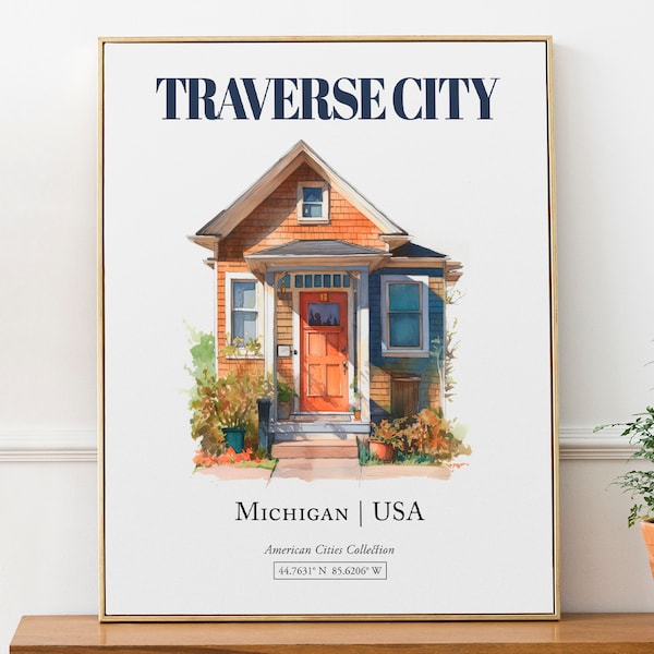 Traverse City, Michigan, USA, Aesthetic Minimalistic Watercolor Door, Wall Art Print Poster, Bathroom Wall Art