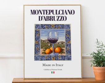 Montepulciano d'Abruzzo Glass on Maiolica tile, Italian Traditional Beverage Print Poster, Kitchen and Bar Wall Art