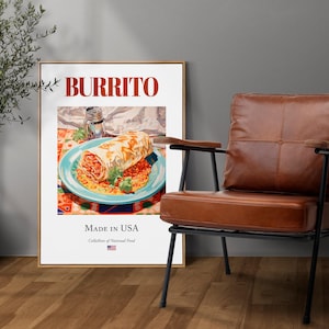Burrito on Maiolica tile plate, Traditional American / Mexican Food Wall Art Print Poster, Kitchen and Café Decor, Food Lover Gift