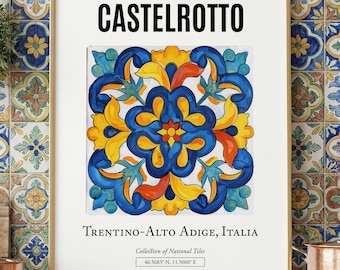 Castelrotto Italy Maiolica Tile Print, Folk Art Poster