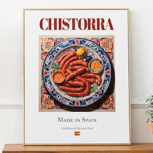 Chistorra on Maiolica tile plate, Traditional Spanish Food Wall Art Print Poster, Kitchen and Café Decor, Foodie Gift