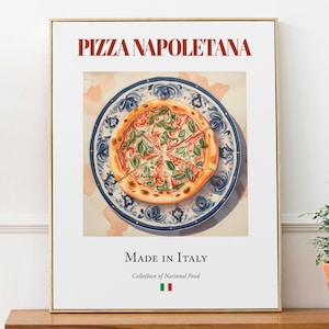 Pizza Napoletana on Maiolica tile plate, Traditional Italian Food Wall Art Print Poster Foodie Gift Kitchen Wall Art