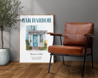 Bar Harbor Maine Watercolor Print, Minimalist Door Poster