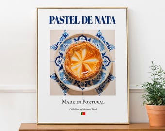 Pastel de Nata on Azulejo tile plate, Traditional Portugal Food Wall Art Print Poster, Kitchen and Café Decor, Food Lover Gift