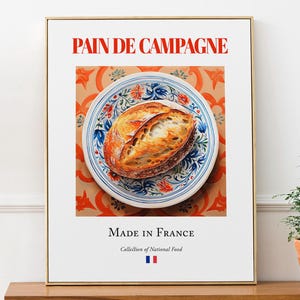 Pain de Campagne on Maiolica tile plate, Traditional French Food Wall Art Print Poster, Kitchen and Café Decor, Foodie Gift