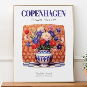 Póster con impresión de arte mural sobre el mercado de flores de Copenhague (Hovedstaden, Dinamarca), ramo de acianos en jarrón de mayólica