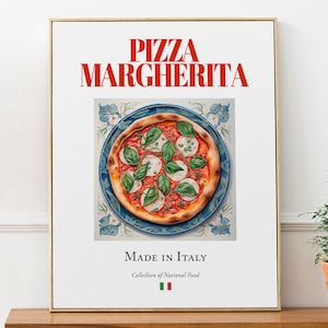 Pizza Margherita on Maiolica tile plate, Traditional Italian Food Wall Decor Print Poster Foodie Gift Kitchen Wall Art