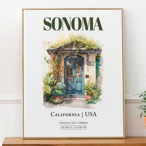 Sonoma, California, USA, Aesthetic Minimalistic Watercolor Traditional Door, Wall Art Print Poster, Living Room Wall Art