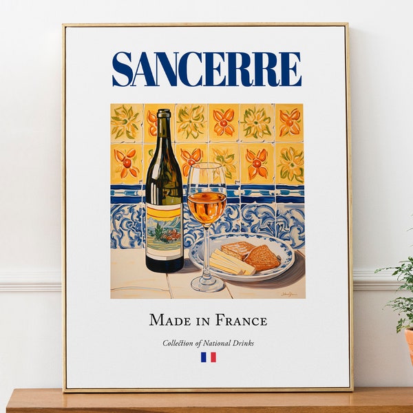 Sancerre Wine on Maiolica Tile, Traditional Cher Beverage (Drink) Print Poster, Kitchen and Bar Wall Art