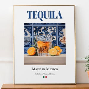 Tequila on Maiolica Tile, Traditional Mexican Beverage (Drink) Print Poster, Kitchen and Bar Wall Art