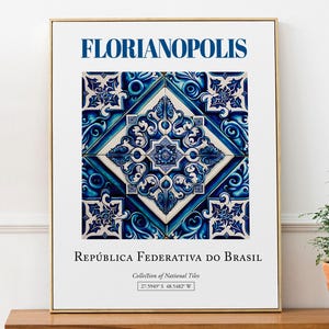 Florianopolis, Brasil, Aesthetic Folk Traditional Azulejo Tile, Wall Decor Print Poster, Bathroom Wall Art