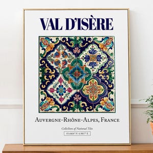 Val d&#39;Isère, Auvergne-Rhône-Alpes, Frankreich, ästhetische minimalistische traditionelle Fliese, Wandkunst-Dekor-Druckplakat, Badezimmerwandkunst
