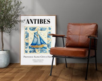 Antibes, France, Sea Yach Tile Pattern Aesthetic Wall Art Decor Print Poster