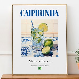 Caipirinha su piastrelle di maiolica, bevanda tradizionale brasiliana, poster stampato, decorazione da parete per cucina e bar