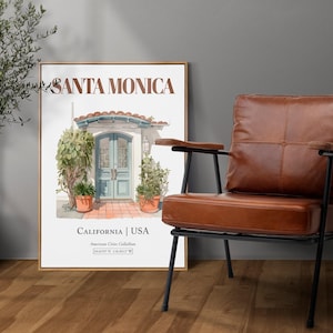 Santa Monica Watercolor Print, Minimalist Entrance Door Wall Art image 2