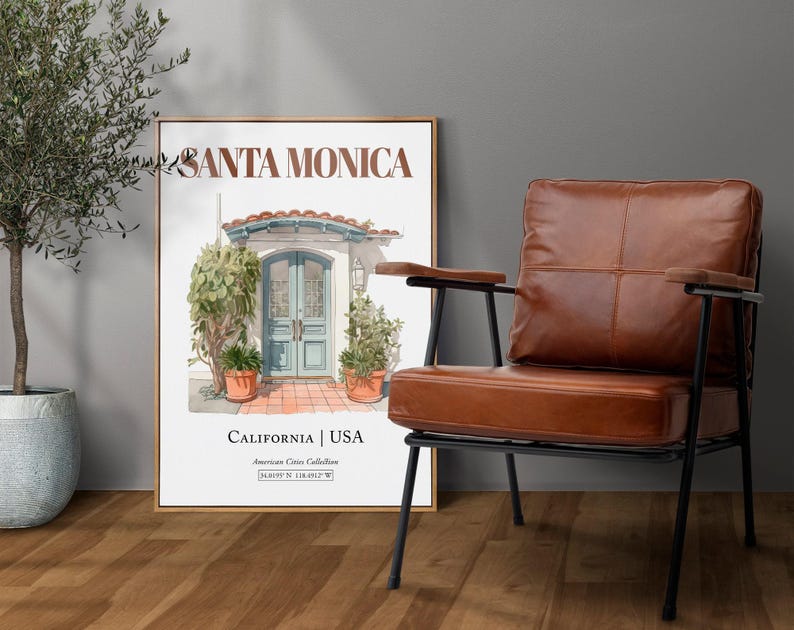 Santa Monica Watercolor Print, Minimalist Entrance Door Wall Art image 2