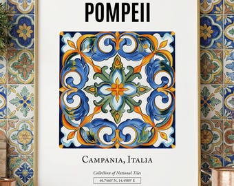 Pompeii Tile Pattern Print, Italian Roman Wall Art Decor
