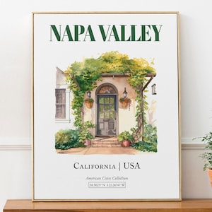 Napa Valley, California, USA, Aesthetic Minimalistic Watercolor Entrance Door, Wall Art Décor Print Poster, Living Room Wall Art